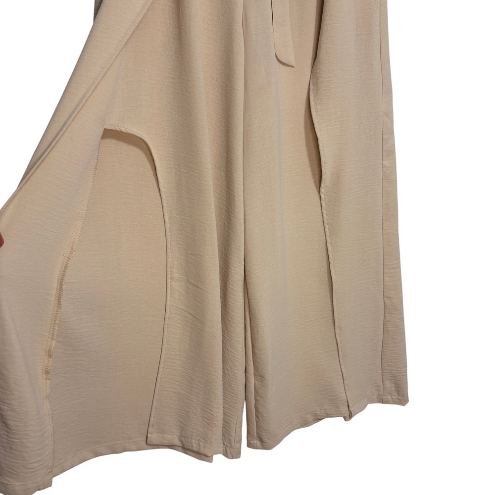 Grace Karin Wide Leg Palazzo Pants Beige Wrap Tie Waist Split Hem Boho Beachy L - Picture 3 of 9